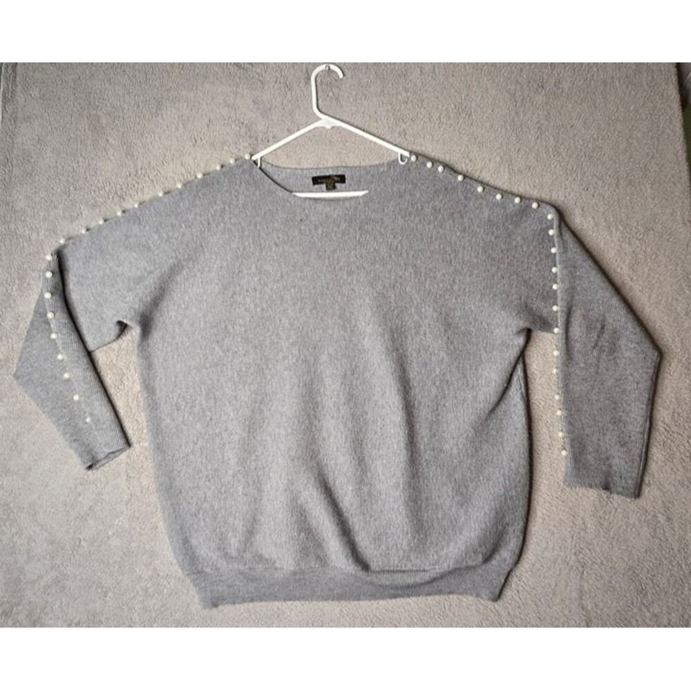 Suzanne Betro Sweater Women's 1x 2x Gray White Pearl Beadwork Long Sleeve